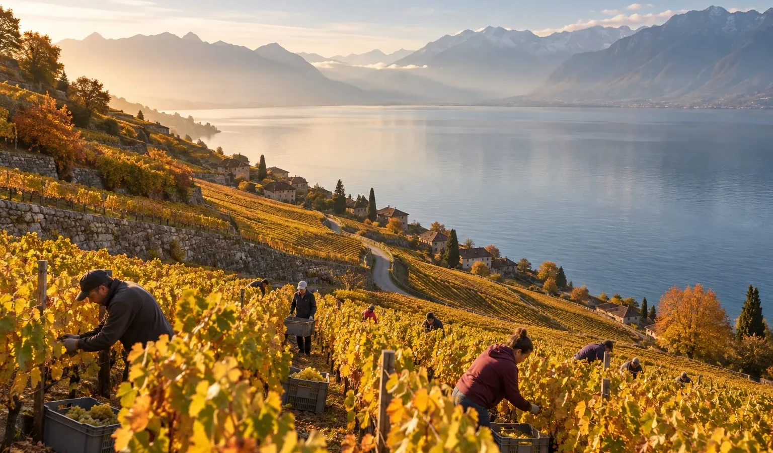 Vendanges dans les vignes en terrasses