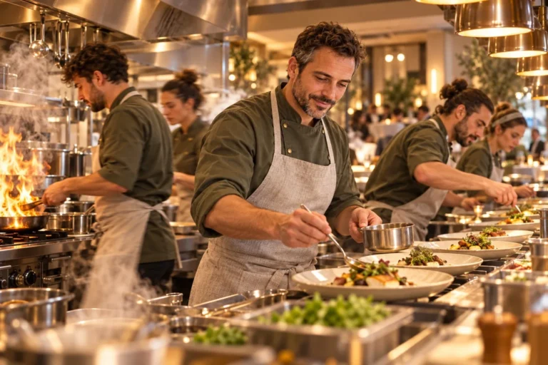 La brigade en cuisine pendant le service du soir