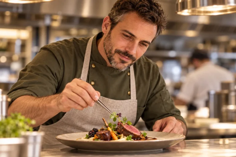 Le chef dresse une assiette de gibier au passe