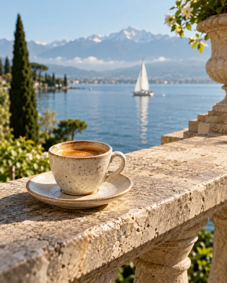 Espresso sur la terrasse, face au lac