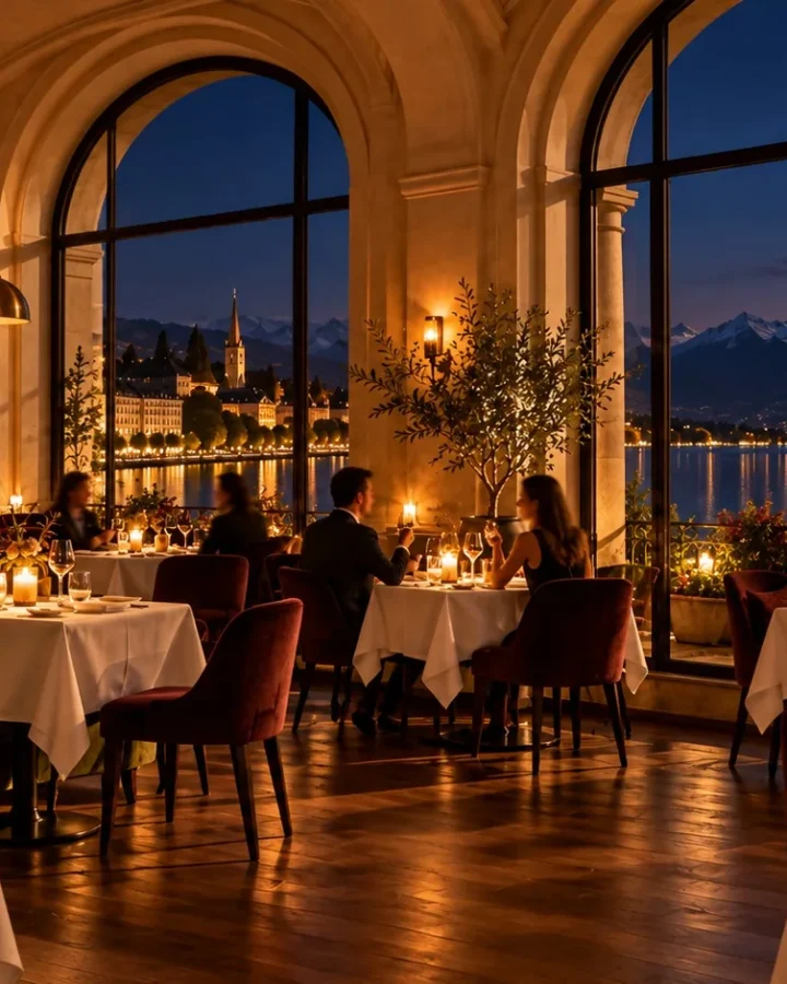 La salle le soir, à la lumière des lampes et des bougies
