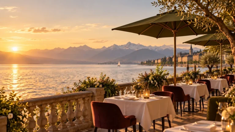 La terrasse au bord du Léman au coucher du soleil