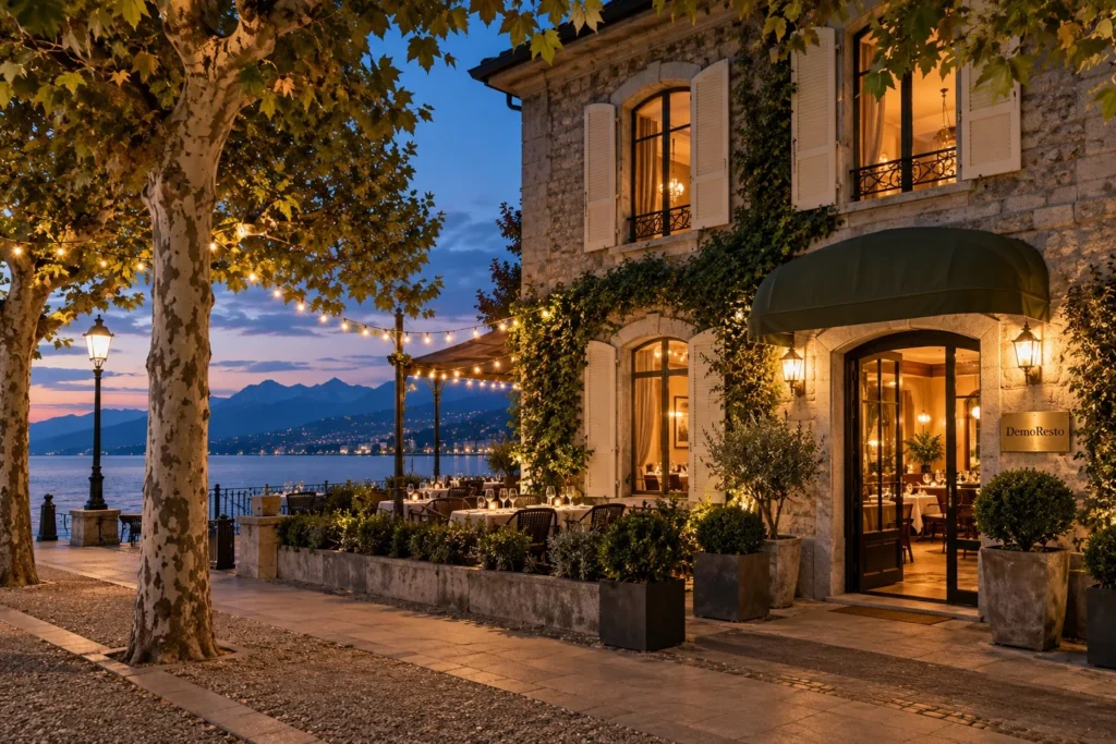 La façade du restaurant au crépuscule