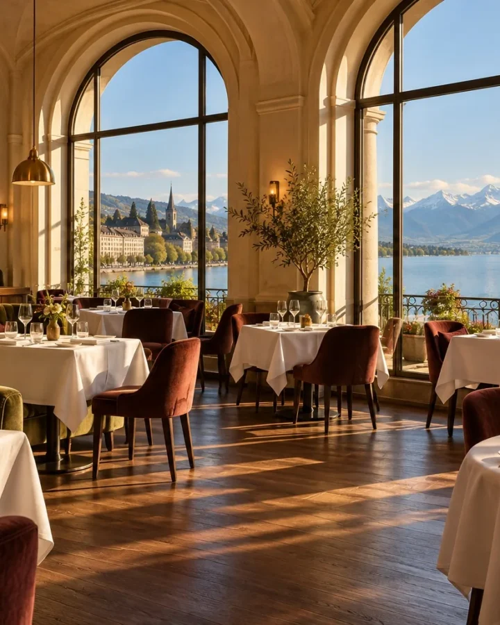 La salle en journée, avec vue sur le lac