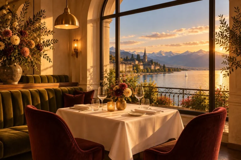 Table pour deux près d’une fenêtre donnant sur le lac