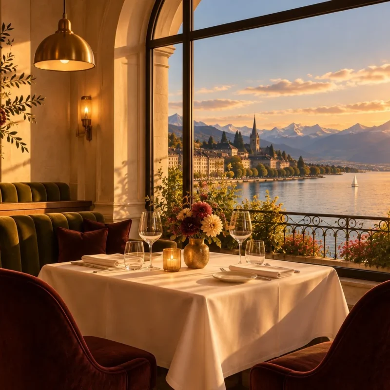 Table pour deux près d’une fenêtre donnant sur le lac