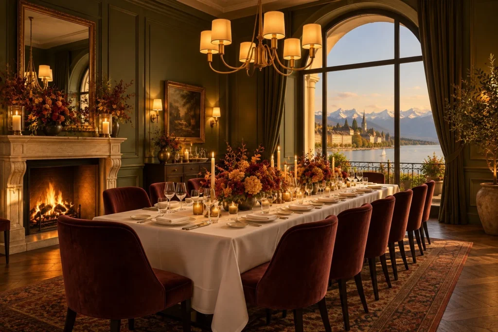 Le salon privé dressé pour un dîner de seize personnes