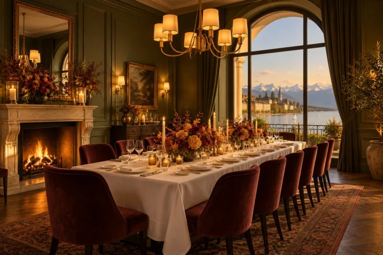Le salon privé dressé pour un dîner de seize personnes