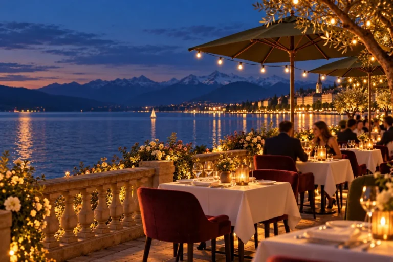 La terrasse le soir, sous les guirlandes lumineuses